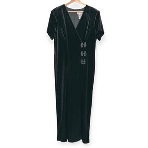 Vintage Ultra Dress Black Velour Stretchy V Neck Maxi Dress Women's Size 16